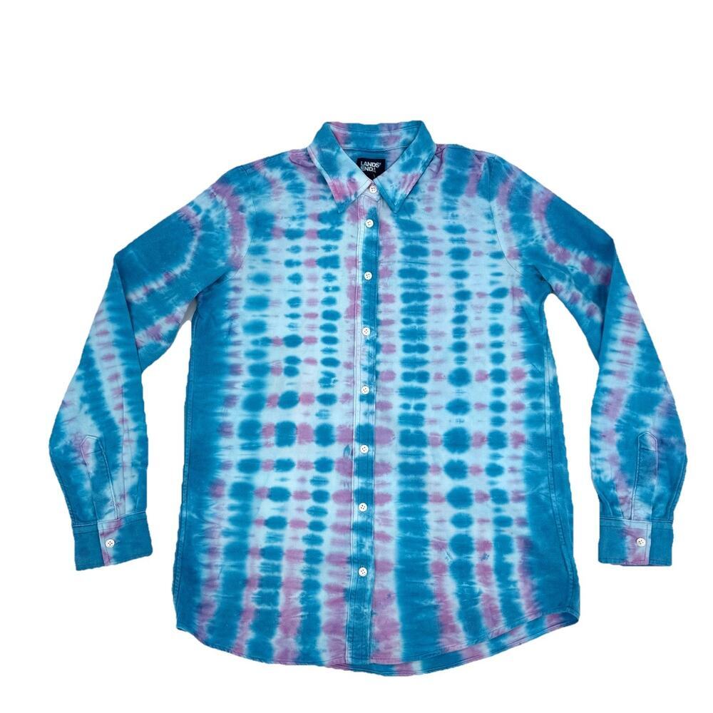 Land’s End Button Up Shirt Sz MEDIUM Blue/Pink Tie-Dye 100% Cotton Long Sleeve